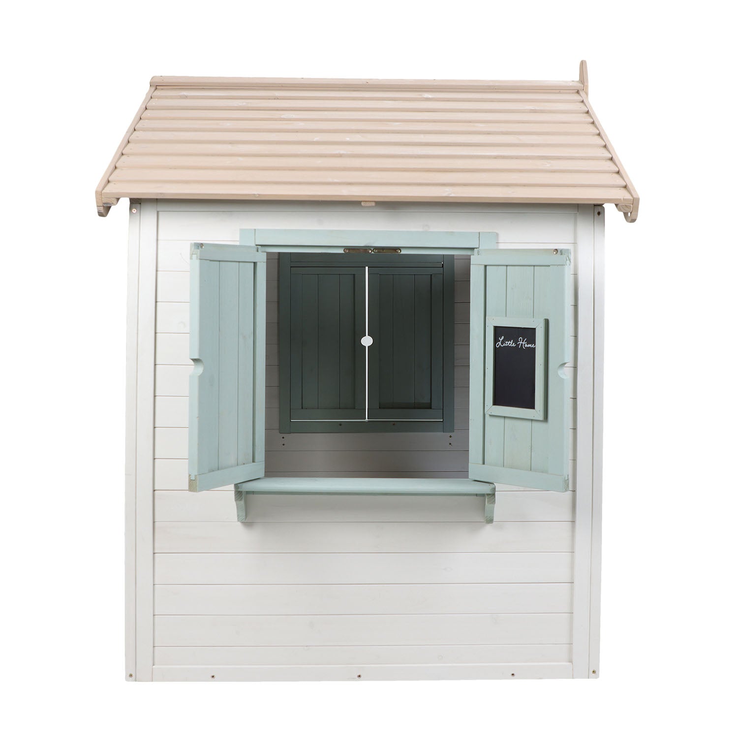 Small white building with a beige roof and open doors on a white background
