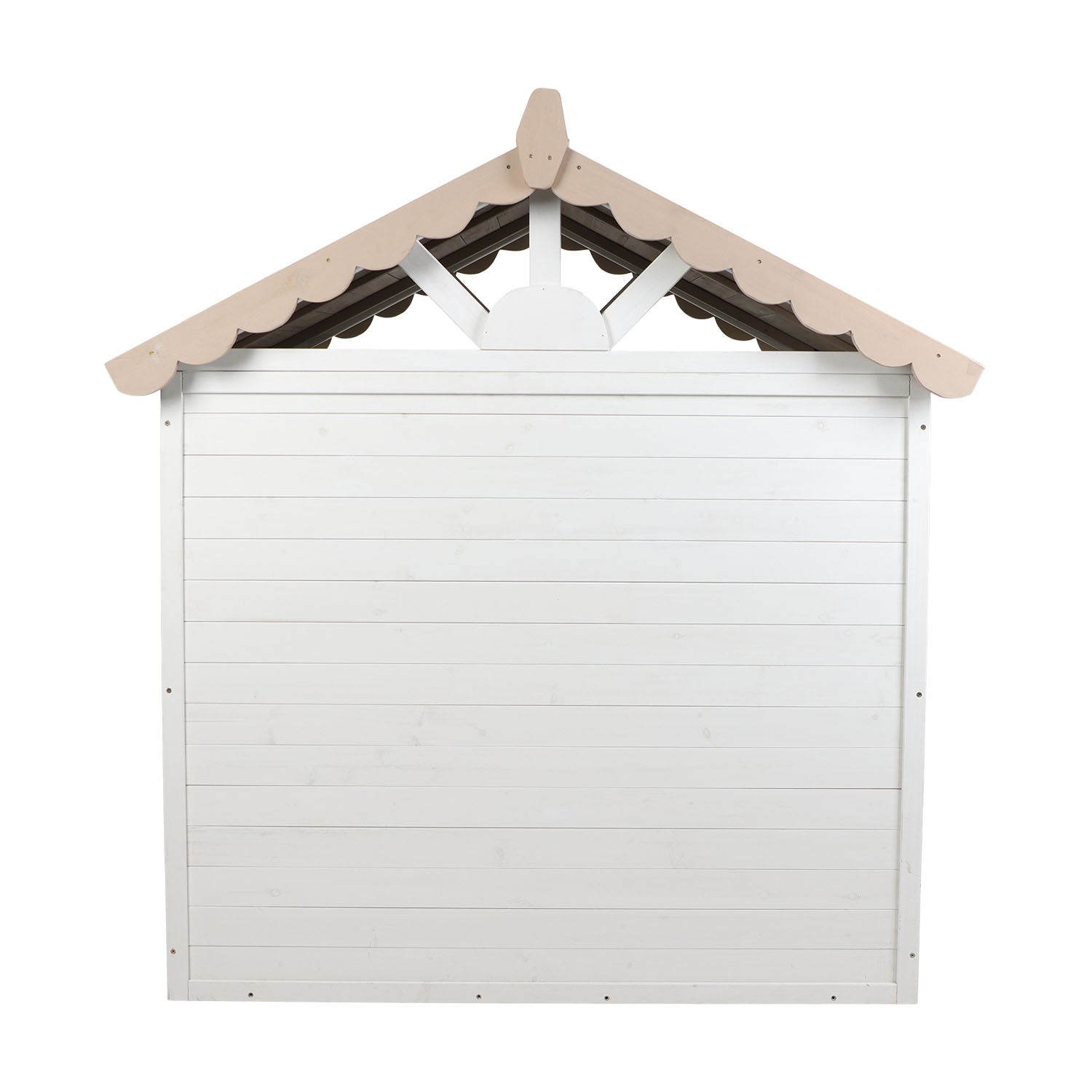 White storage shed with a beige roof on a white background