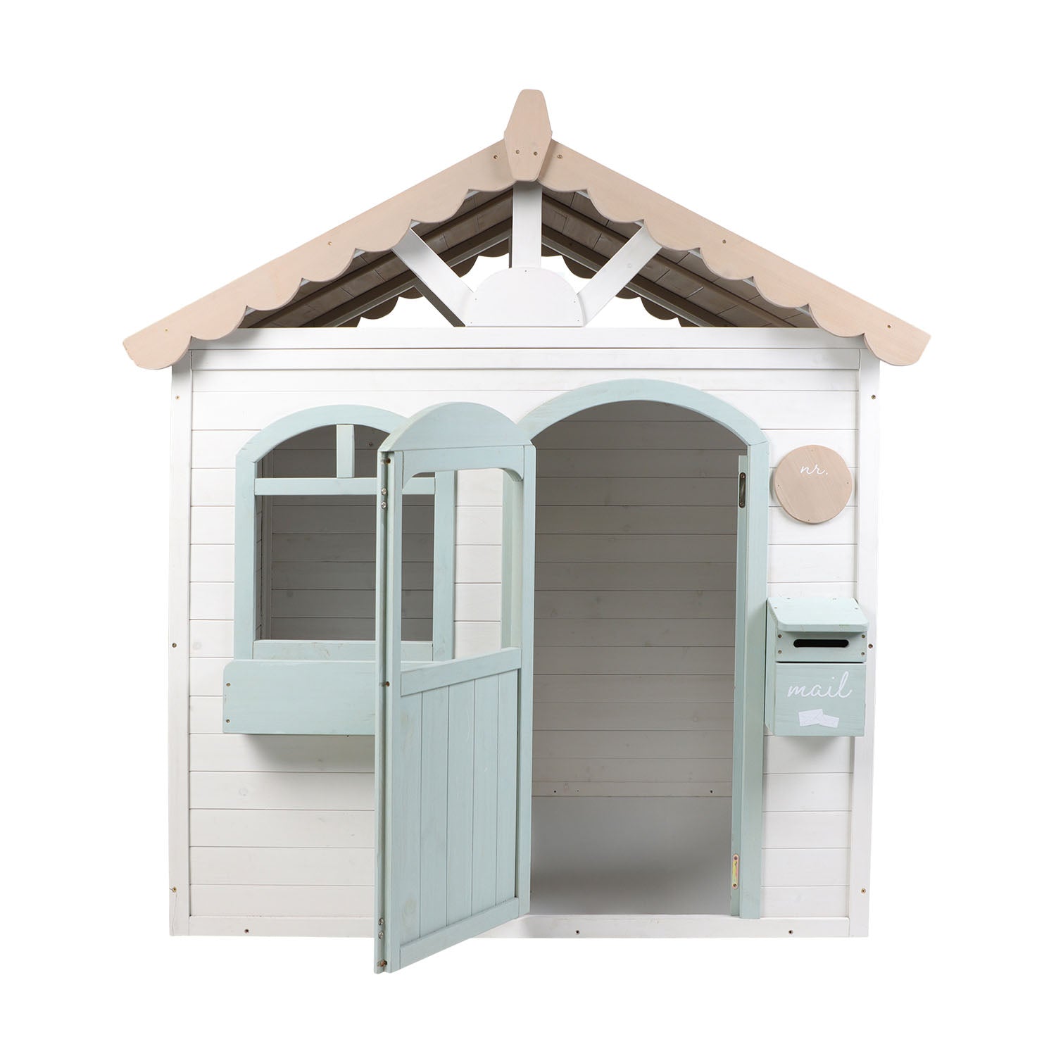 Children's playhouse with a light blue door and beige roof on a white background