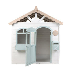 Children's playhouse with a light blue door and beige roof on a white background