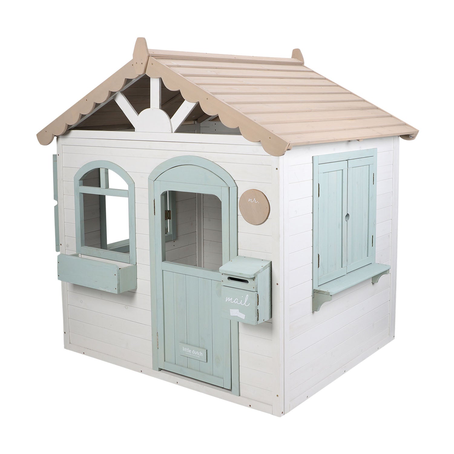 Children's playhouse with beige roof and light blue doors and windows on a white background