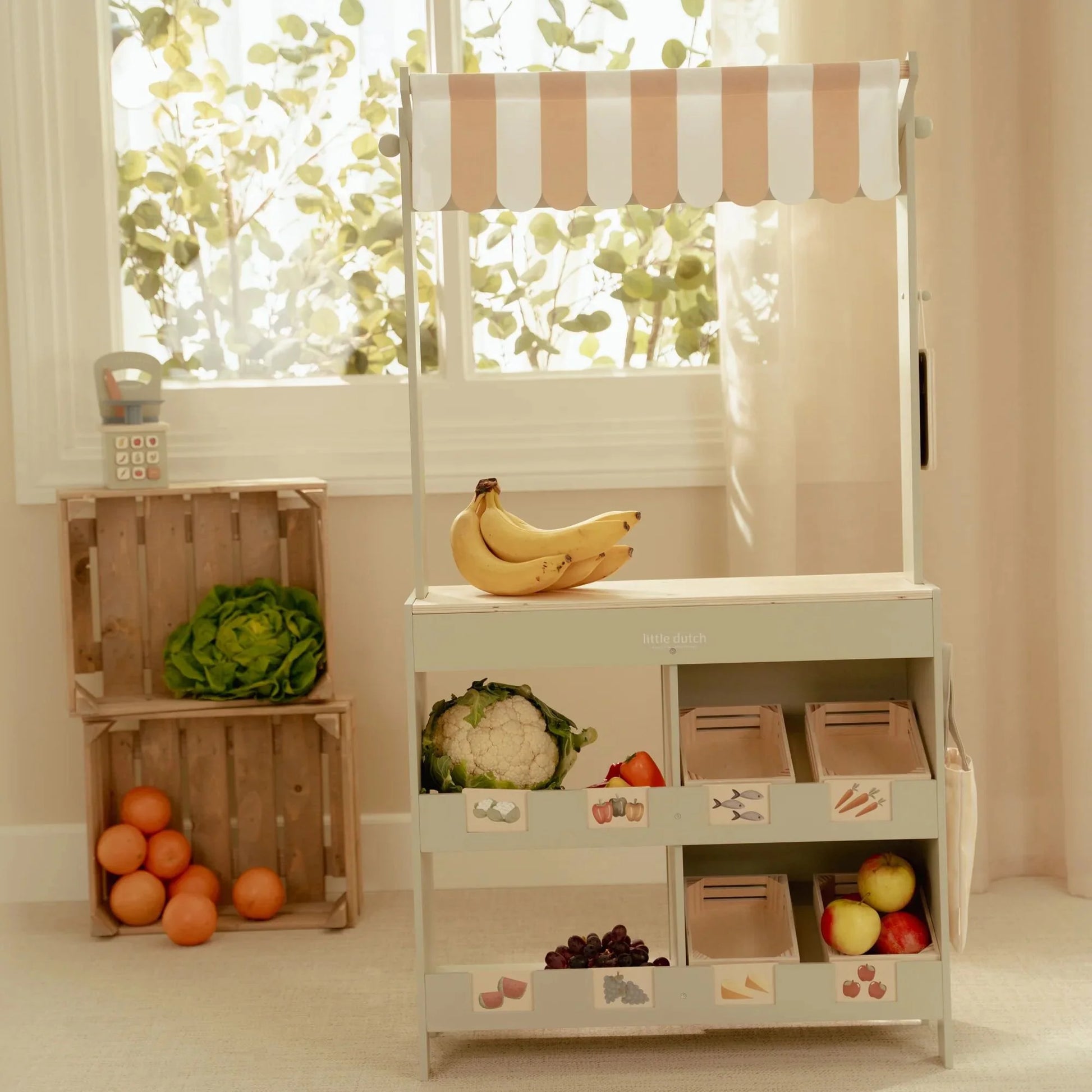 Little Dutch market stall in modern playroom setup.