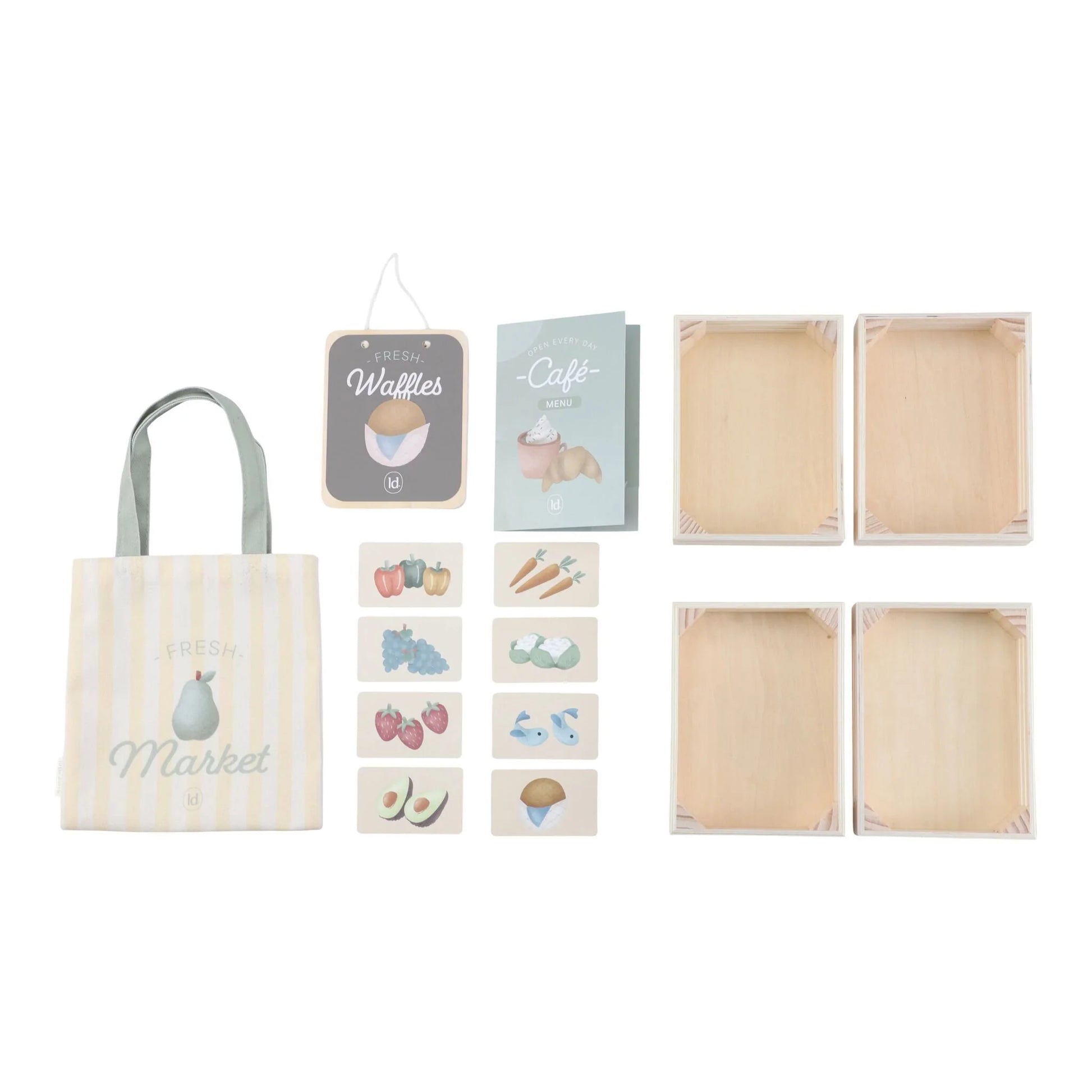 Little dutch wooden markte includes crates & cards, perfect for kids 3+ imaginative play.