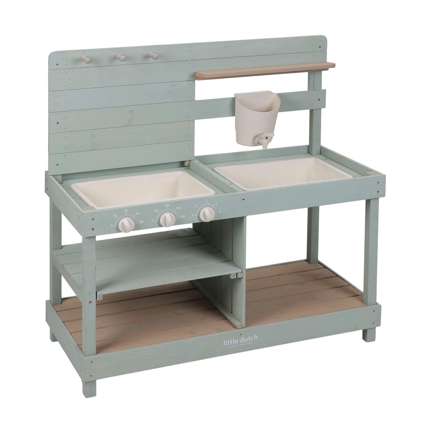 Angled view of the Little Dutch wooden mud kitchen showcasing two sink basins with removable wooden worktops