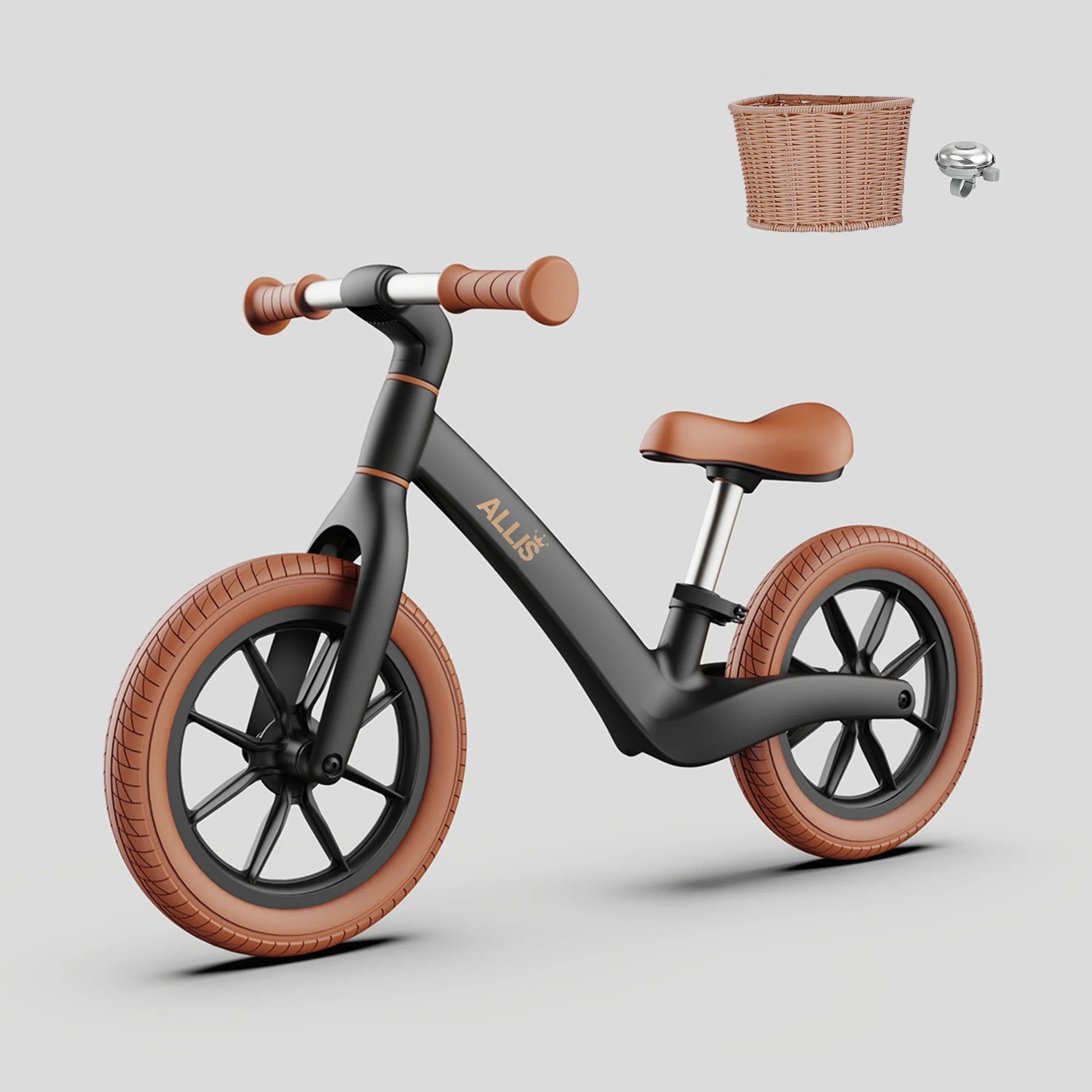 Children's balance bike with brown wheels and seat on a light gray background