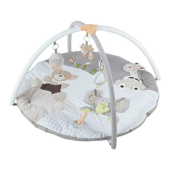 Luxury musical baby play mat with a variety of textures and activities, including hanging stuffed animals, a baby-safe mirror, and textured fabrics.
