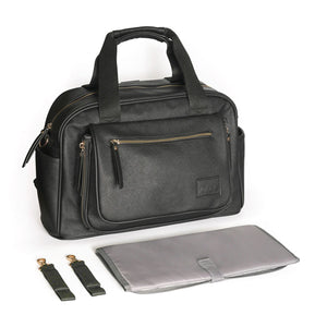 A stylish leather baby changing bag with an included changing mat