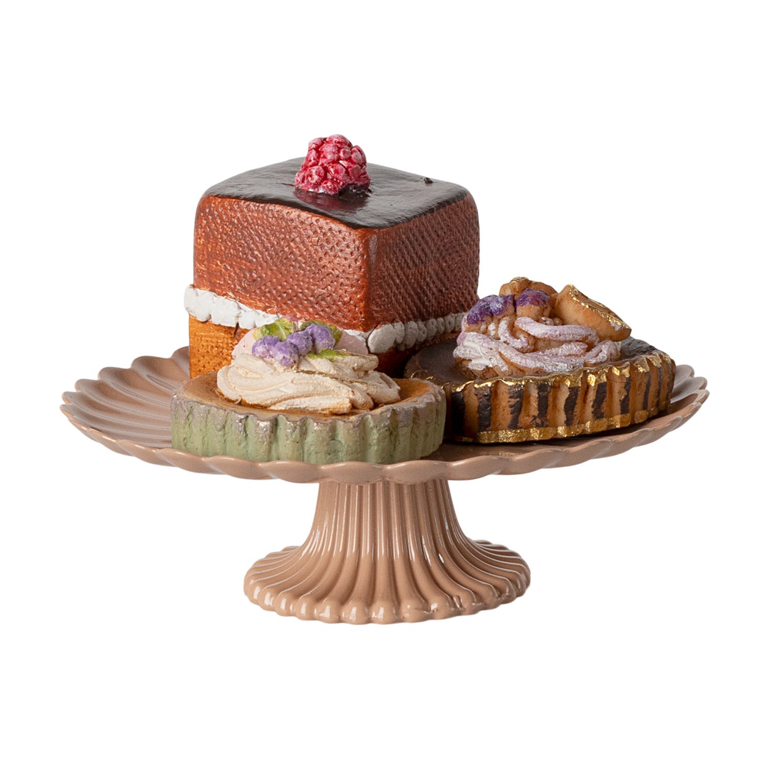 Maileg miniature pink cake stand with three tiny cakes.