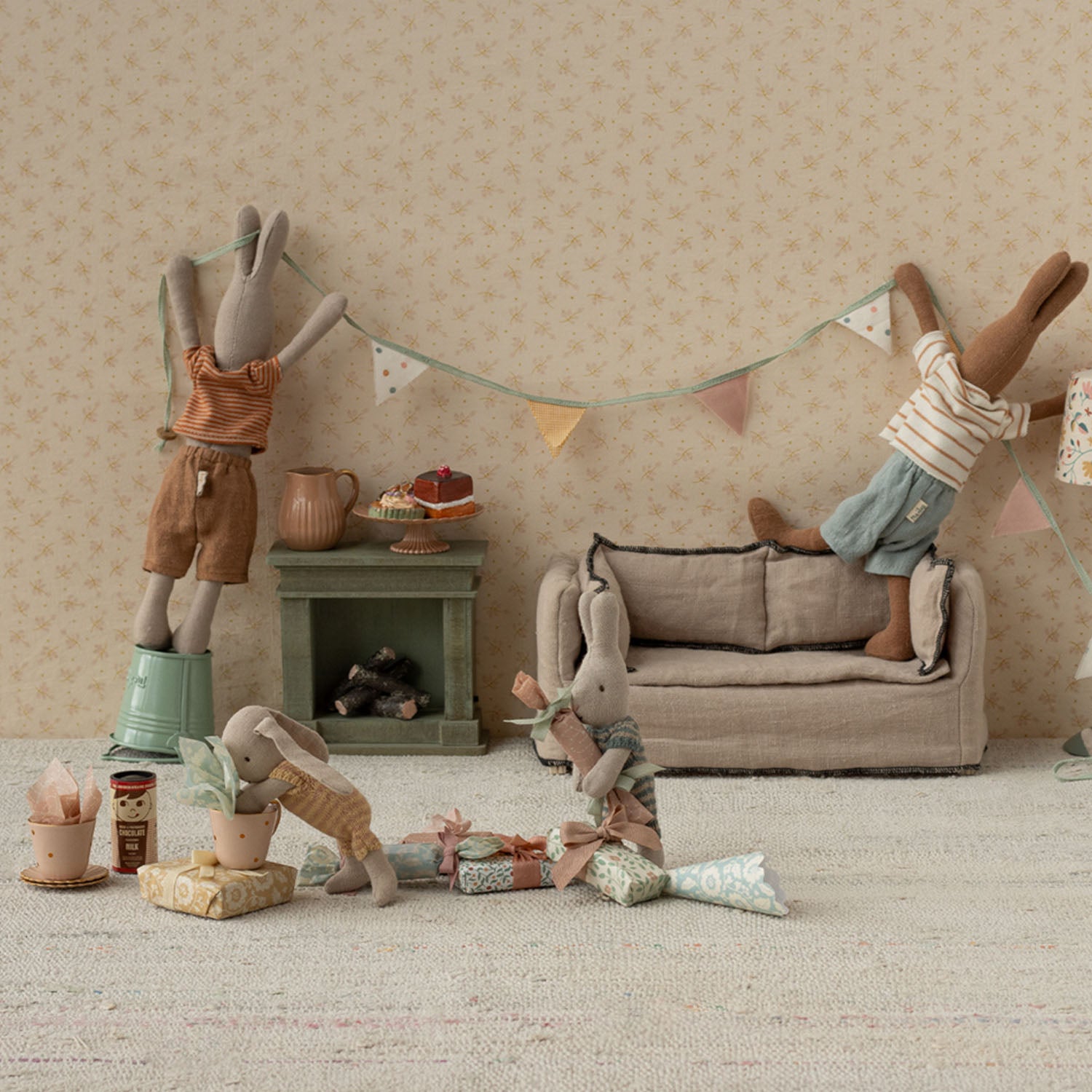 Miniature tea party setup with Maileg figures