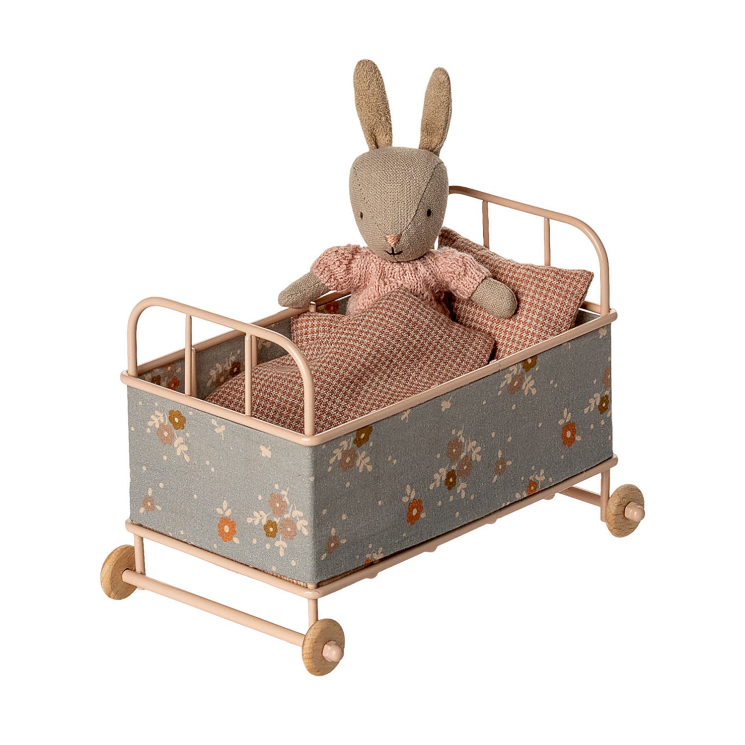 Fabric-covered Maileg Cot Bed Micro for imaginative play