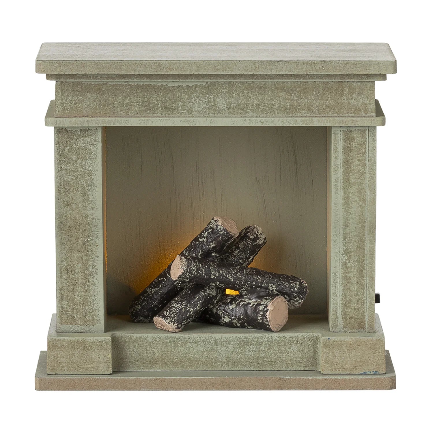 Maileg miniature fireplace dusty green for dollhouses.