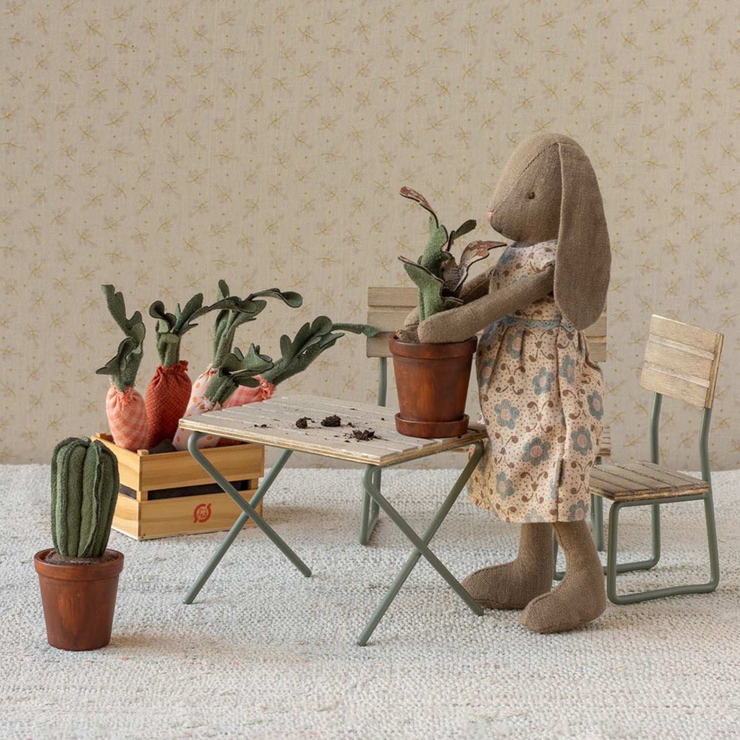 Maileg table, chair, and bench for doll play
