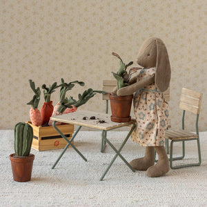Maileg table, chair, and bench for doll play
