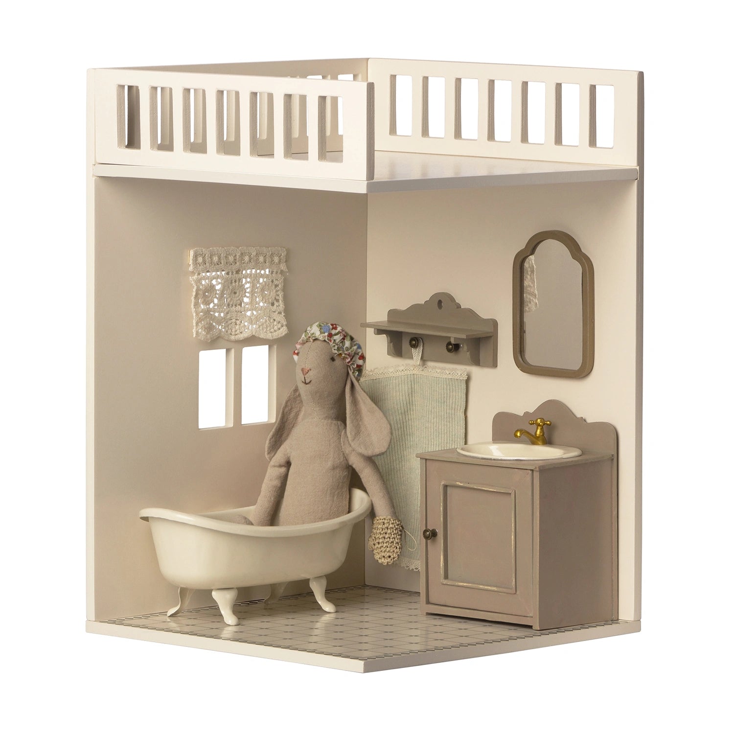 Maileg dollhouse bathroom addition with curtains.