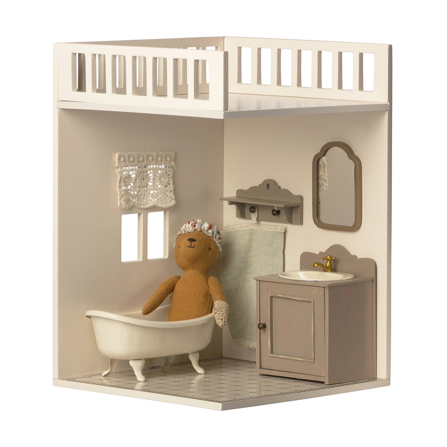 Maileg miniature Bathroom with privacy curtains.