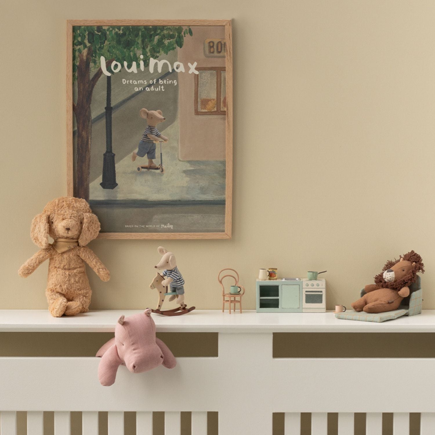 Maileg kitchen counter shown with soft toy mice.