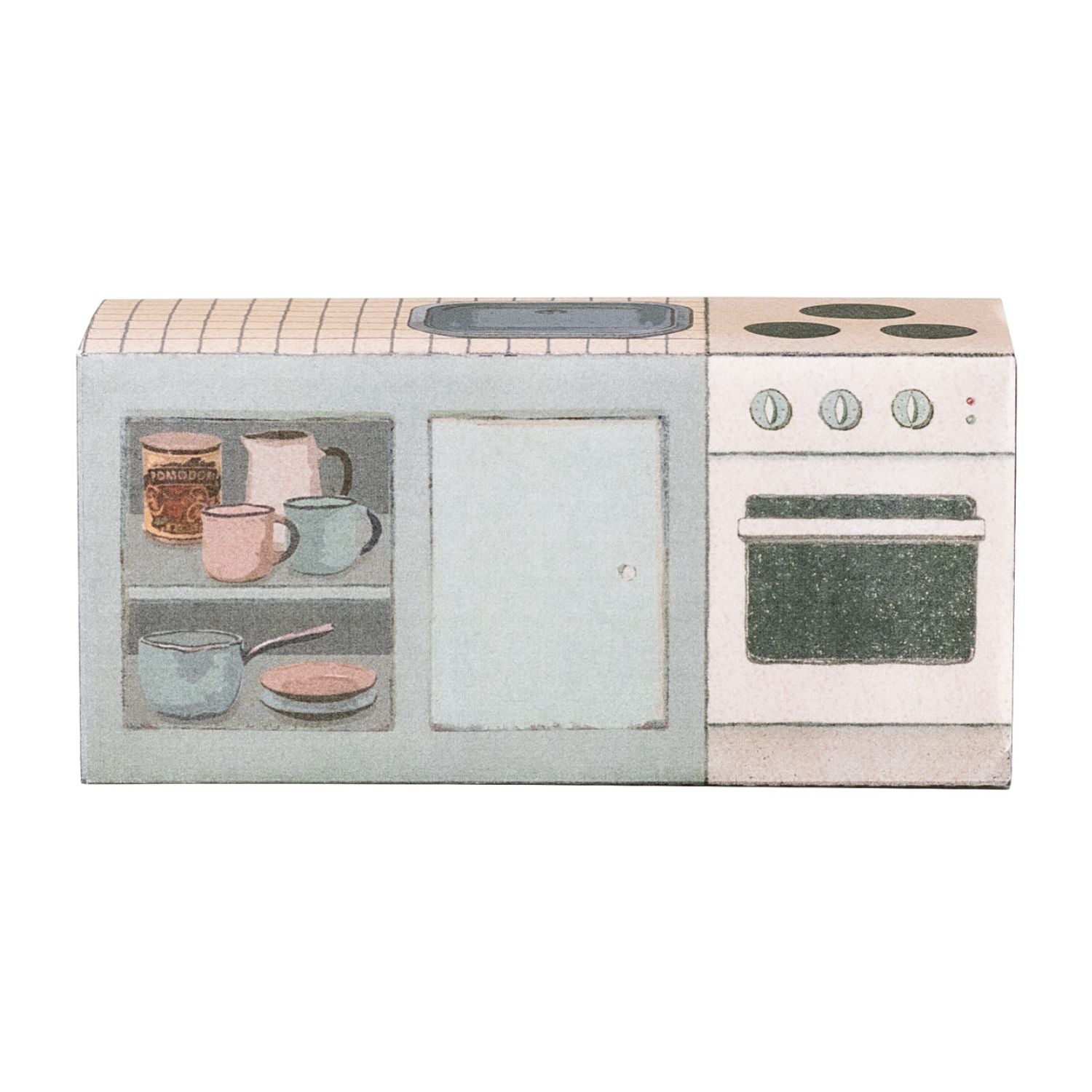 Front view of maileg kitchen counter for mice.