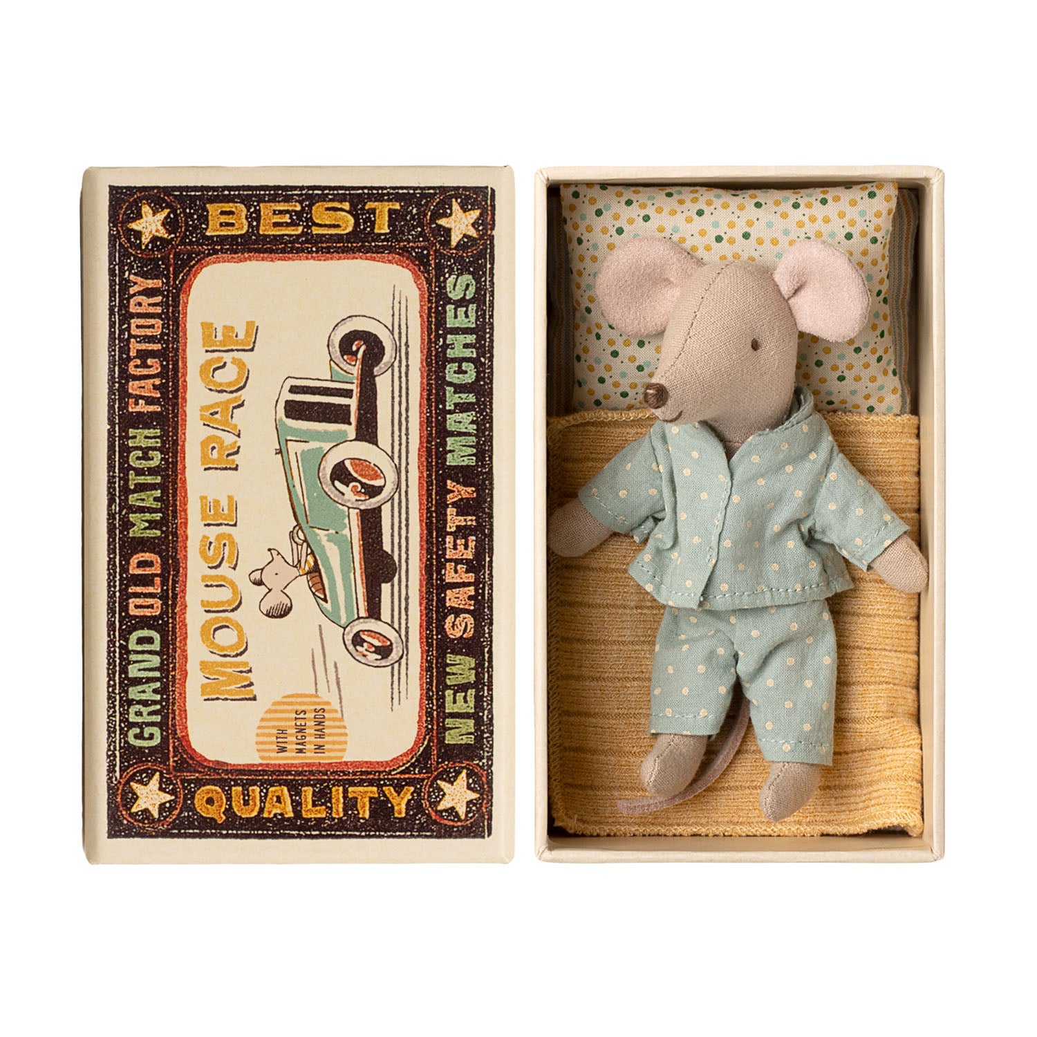 Maileg Little Brother Mouse in pyjamas in matchbox bed