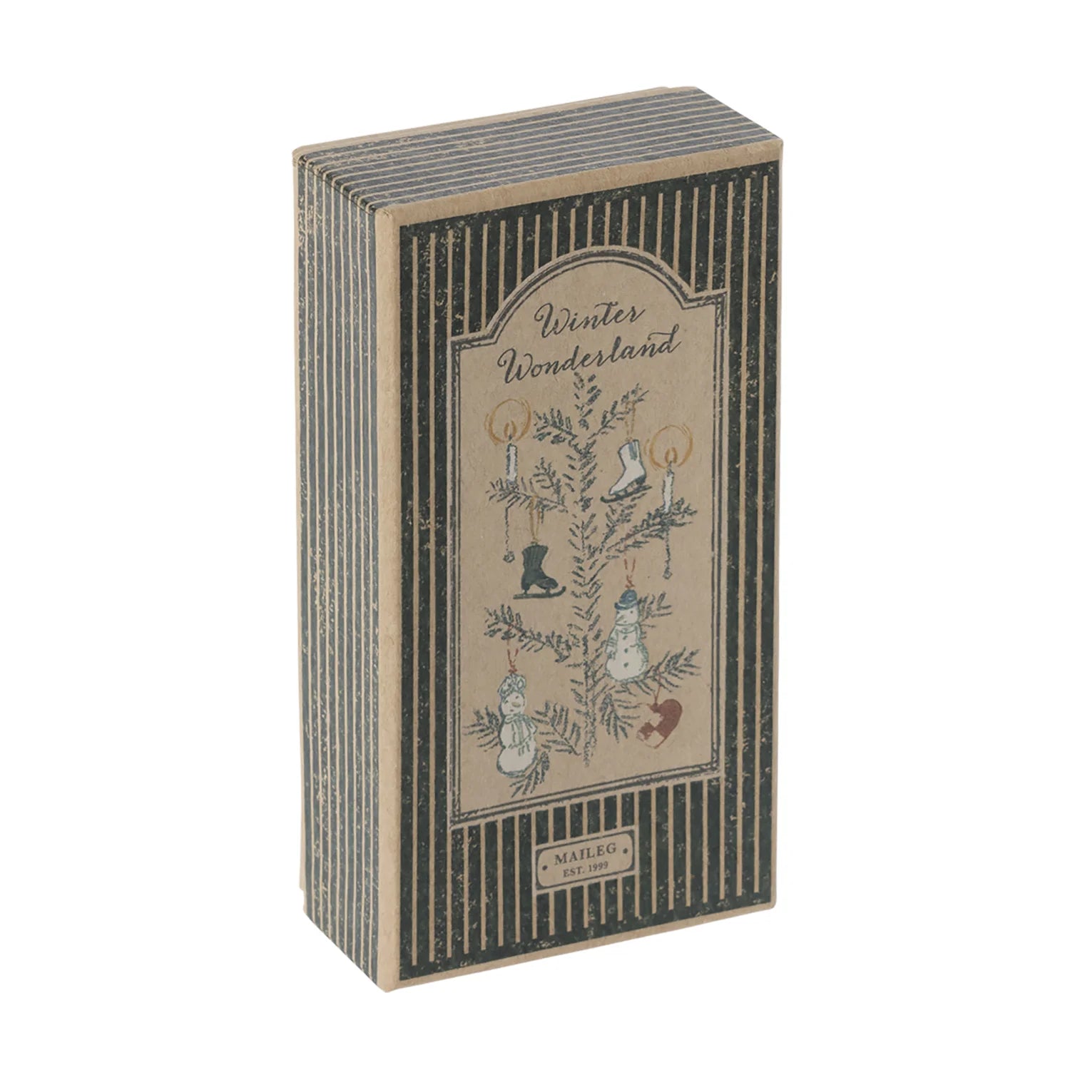 Maileg Winter Wonderland metal ornament set in gift box.