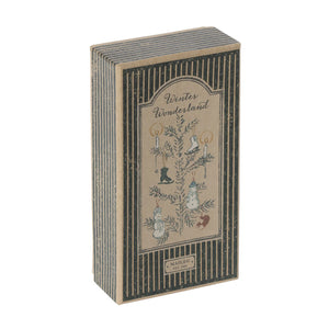 Maileg Winter Wonderland metal ornament set in gift box.