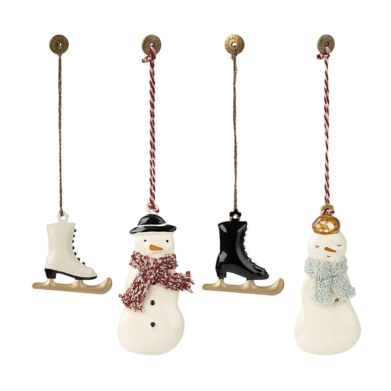 Hand-painted snowwoman and pair of ice skate metal ornament from Maileg.