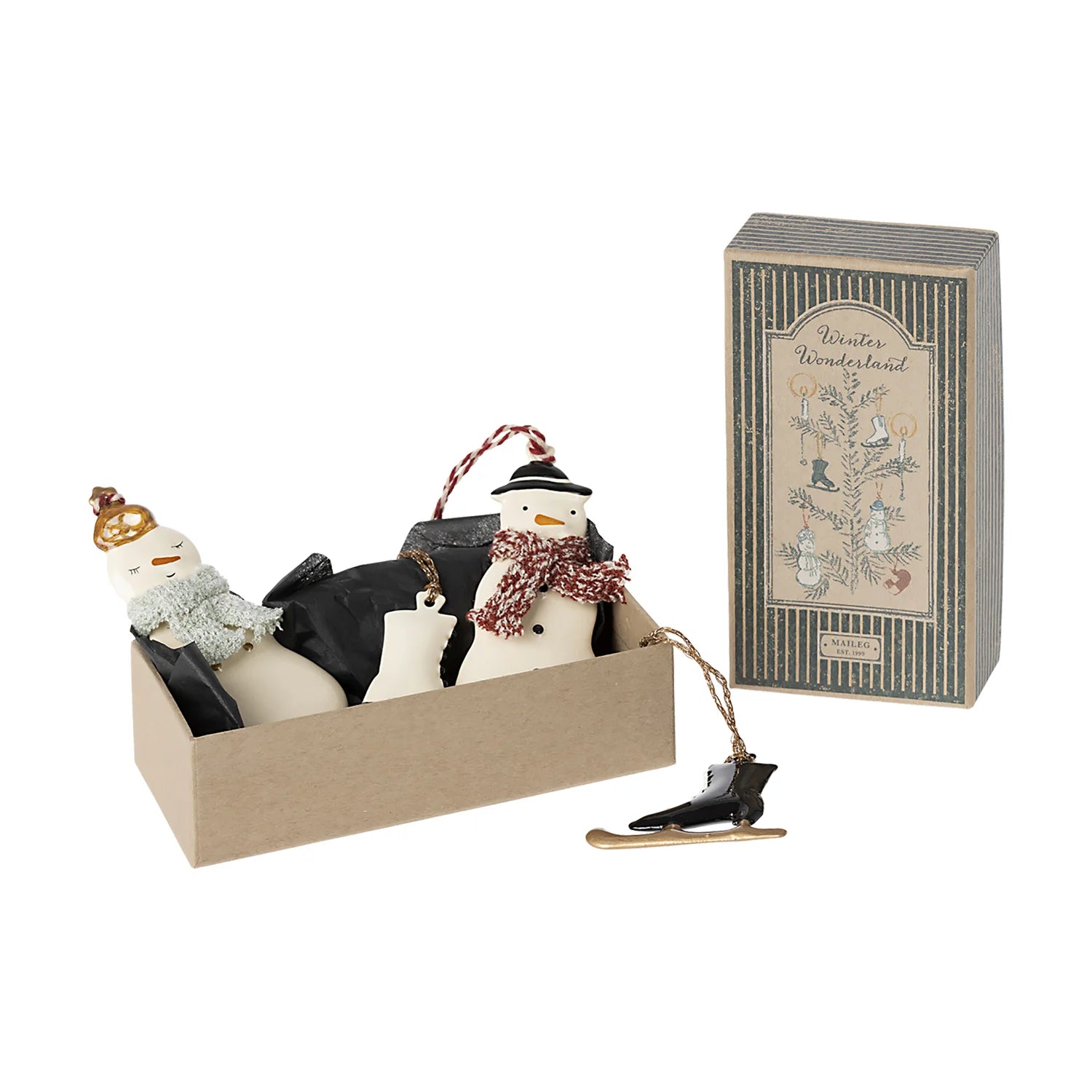 Maileg Set of decorative snowmen figures with a box labeled 'Winter Wonderland' on a white background