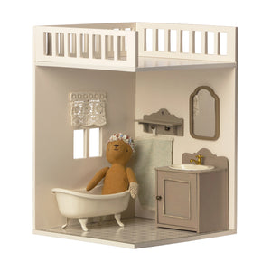 Maileg Miniature Bathtub in a dollhouse bathroom.
