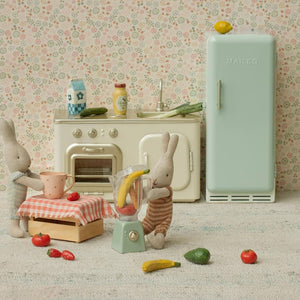Lifestyle image of maileg miniature fridge.