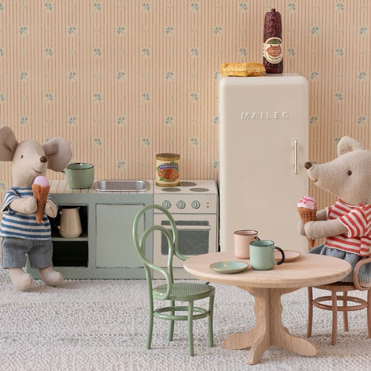 Maileg miniature fridge in the maileg mouse house.