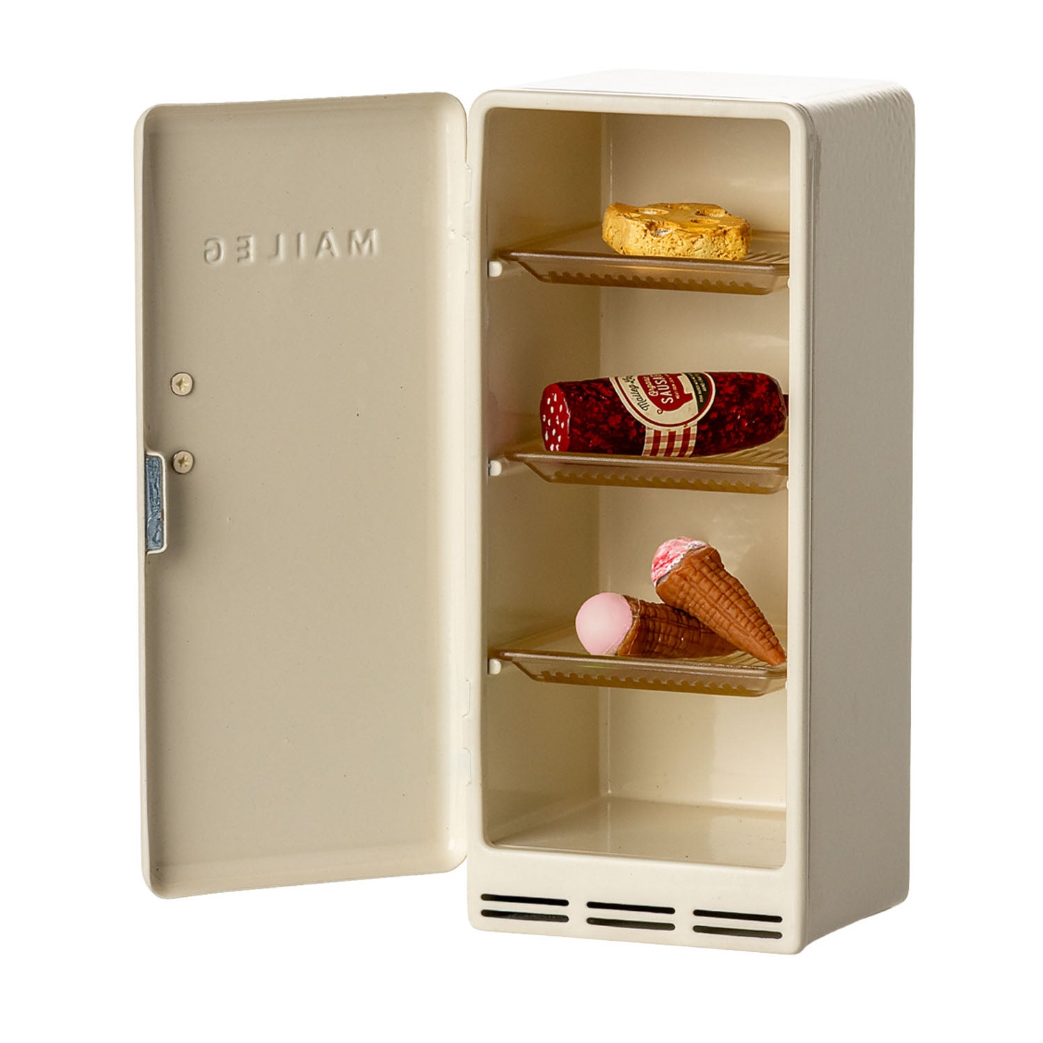 Maileg fridge is decoratd with play food.