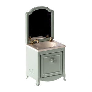 Maileg miniature sink dresser with mirror in mint green color, made of metal, designed for dollhouses.