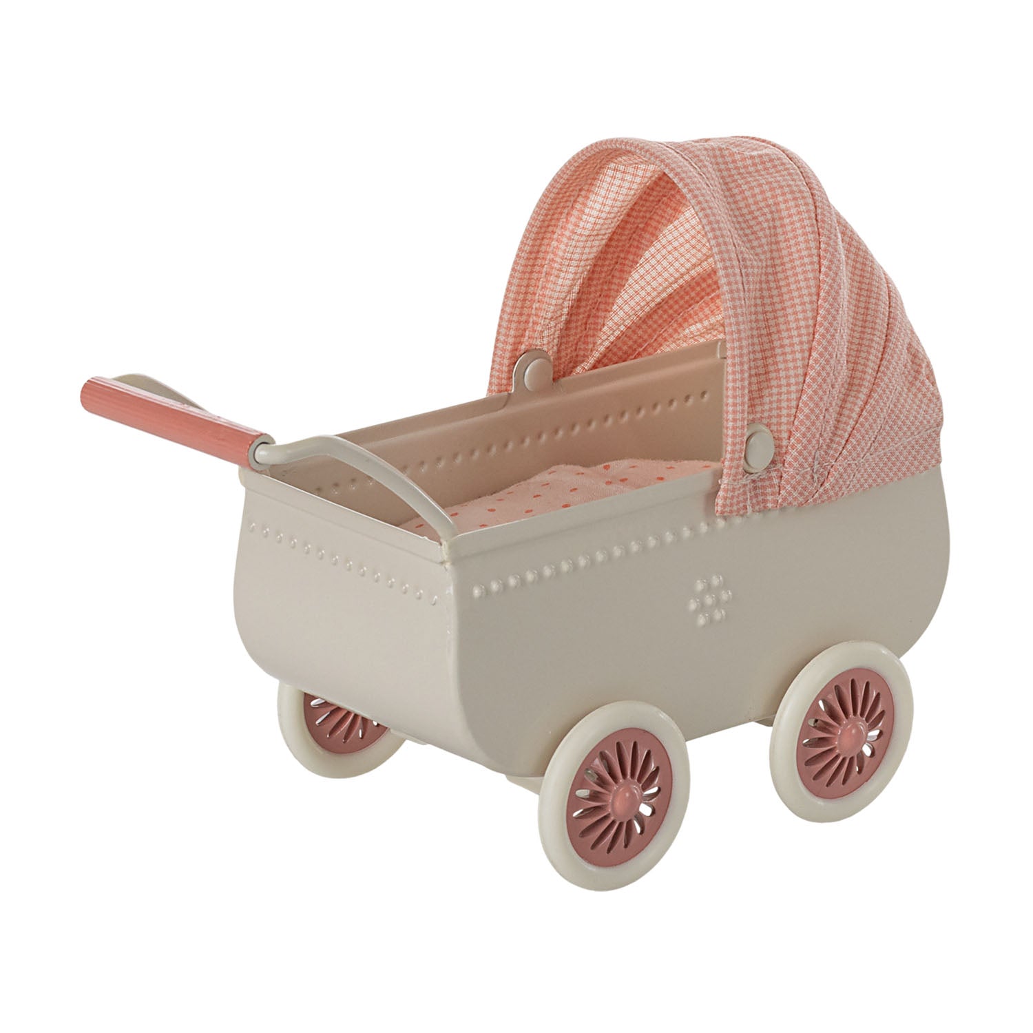 Maileg baby mouse pram toy with soft bedding.