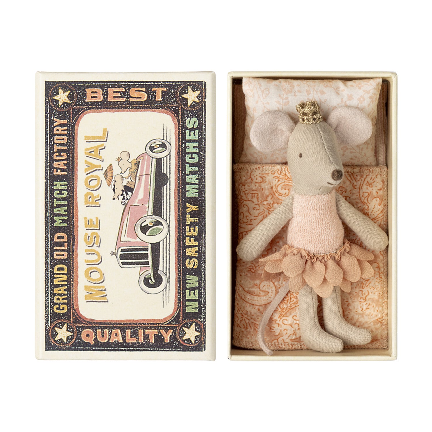 Maileg princess mouse little sister wearing a removable pink tutu in a matchbox.