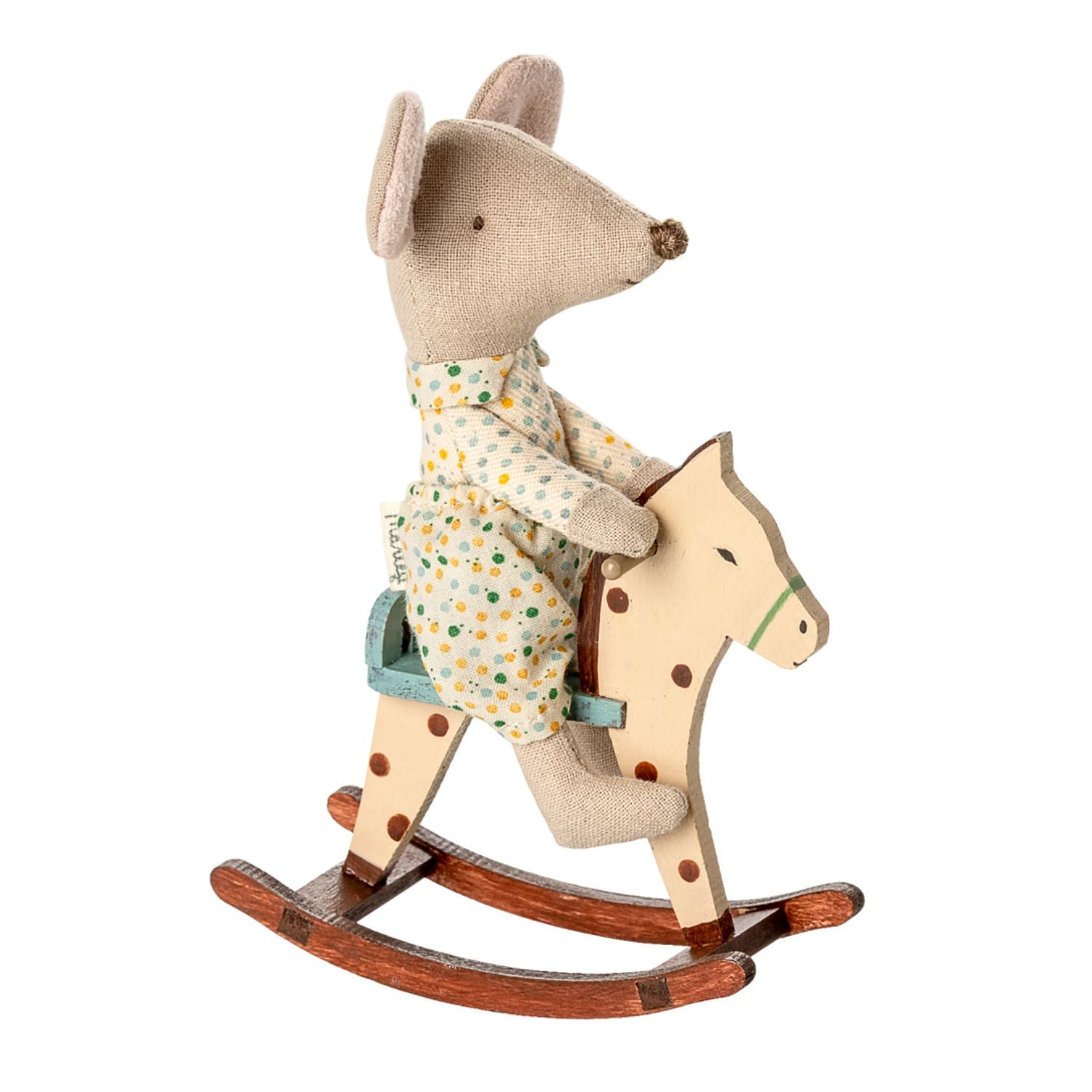 Side view of maileg spotted rocking Horse for mice.