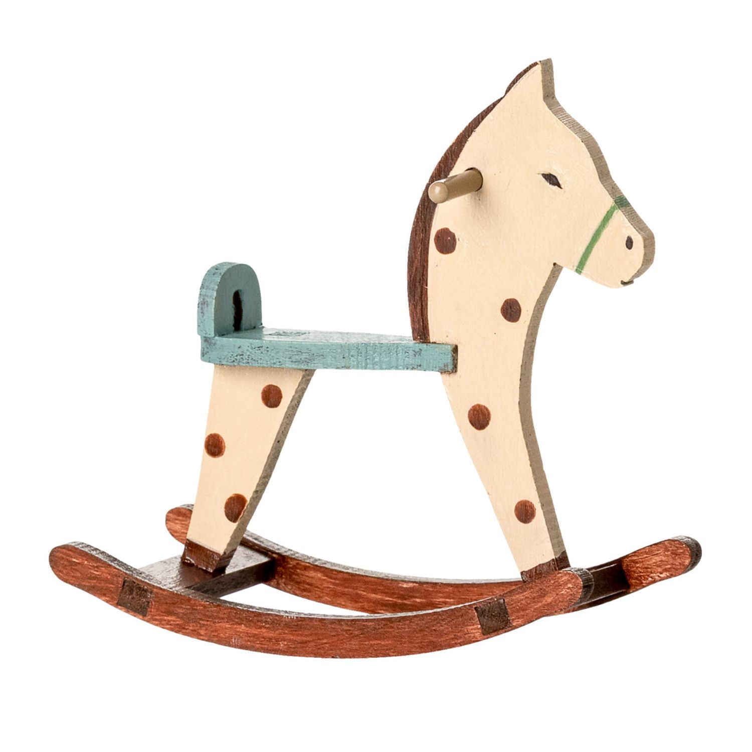 Maileg wooden rocking horse for mice with spotted finish.