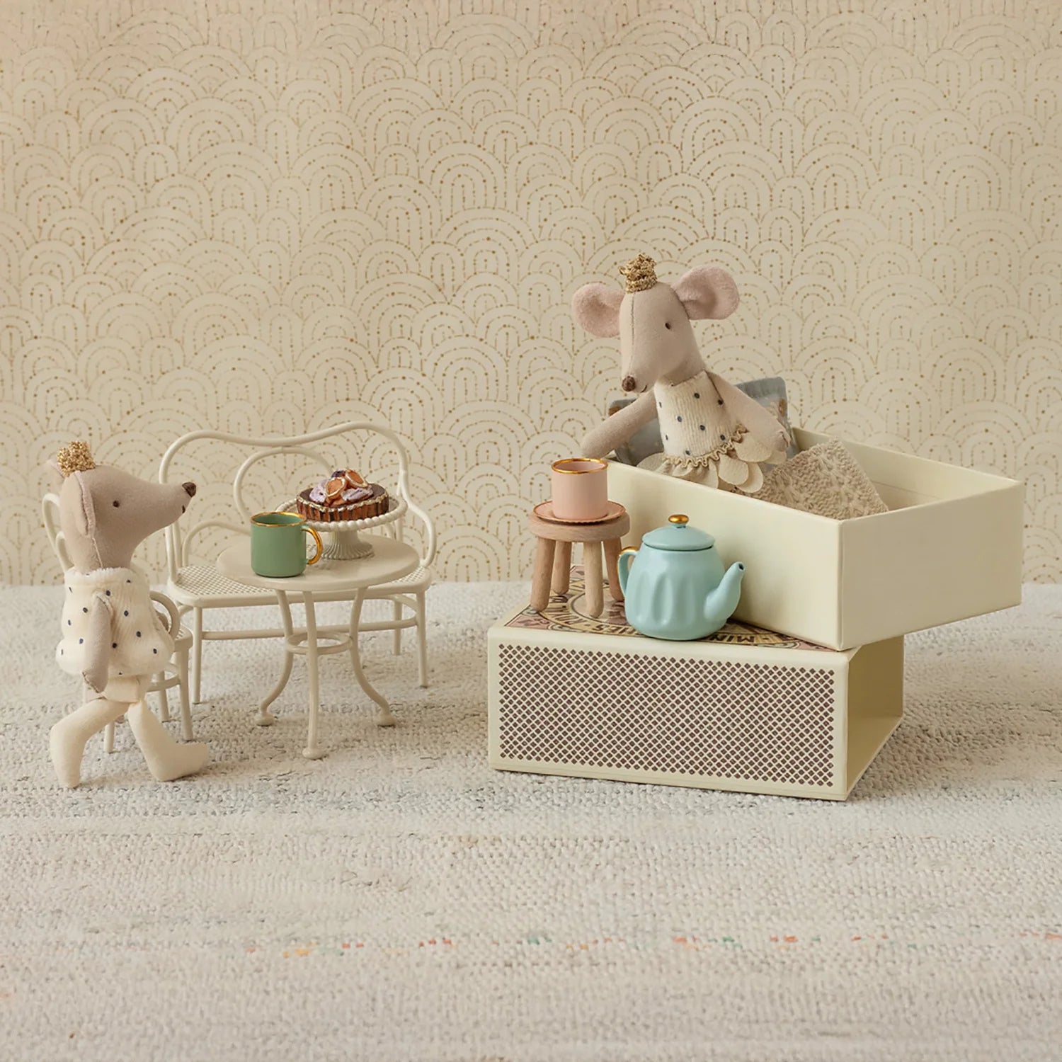 Maileg royal twin little brother sister mice in matchbox, it's height is 11 cm.