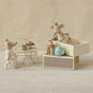Maileg royal twin little brother sister mice in matchbox, it's height is 11 cm.