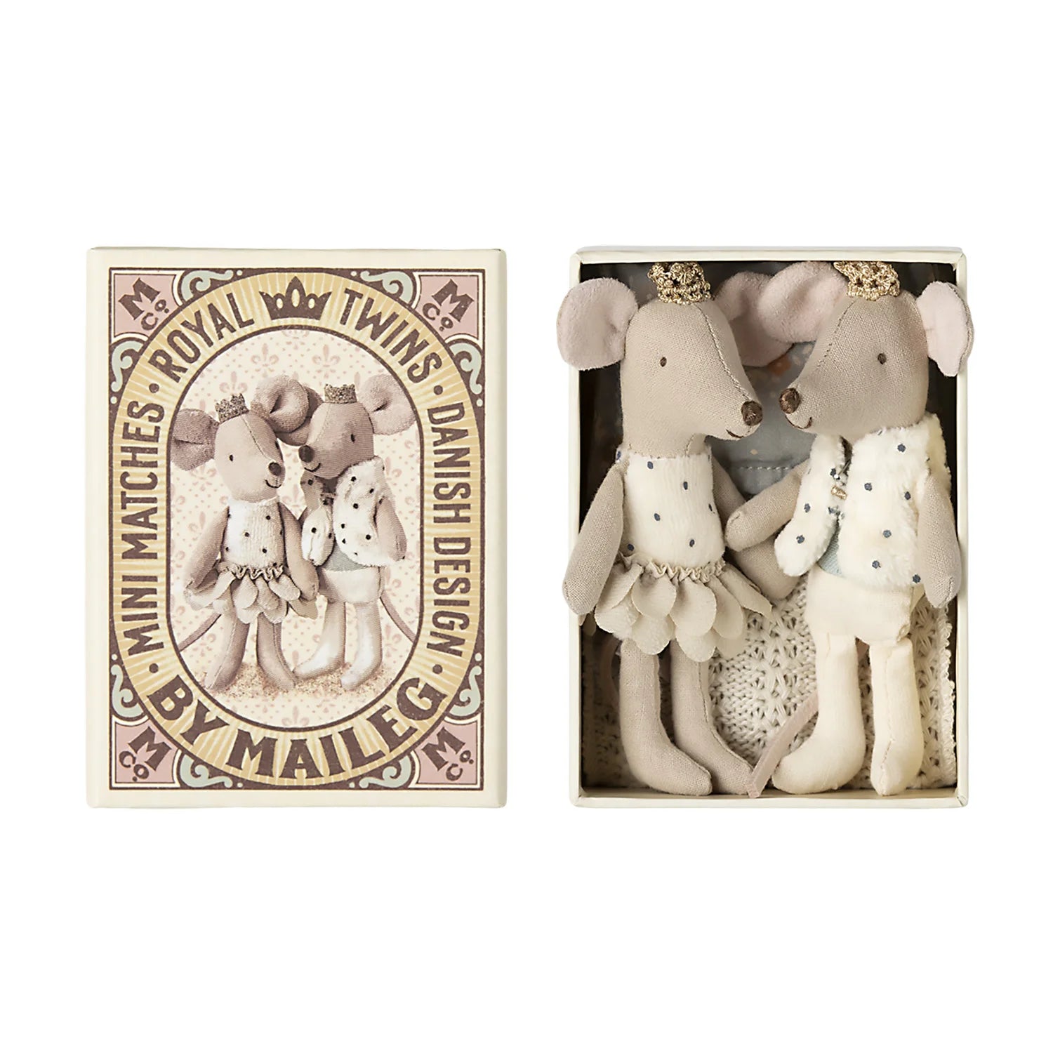 Maileg Royal Twin Little Brother Sister Mice in Matchbox.