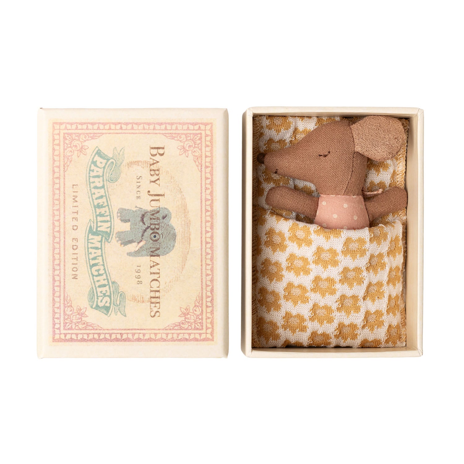 Maileg Sleepy Wakey baby mouse tucked inside a vintage-style matchbox with rose bedding.