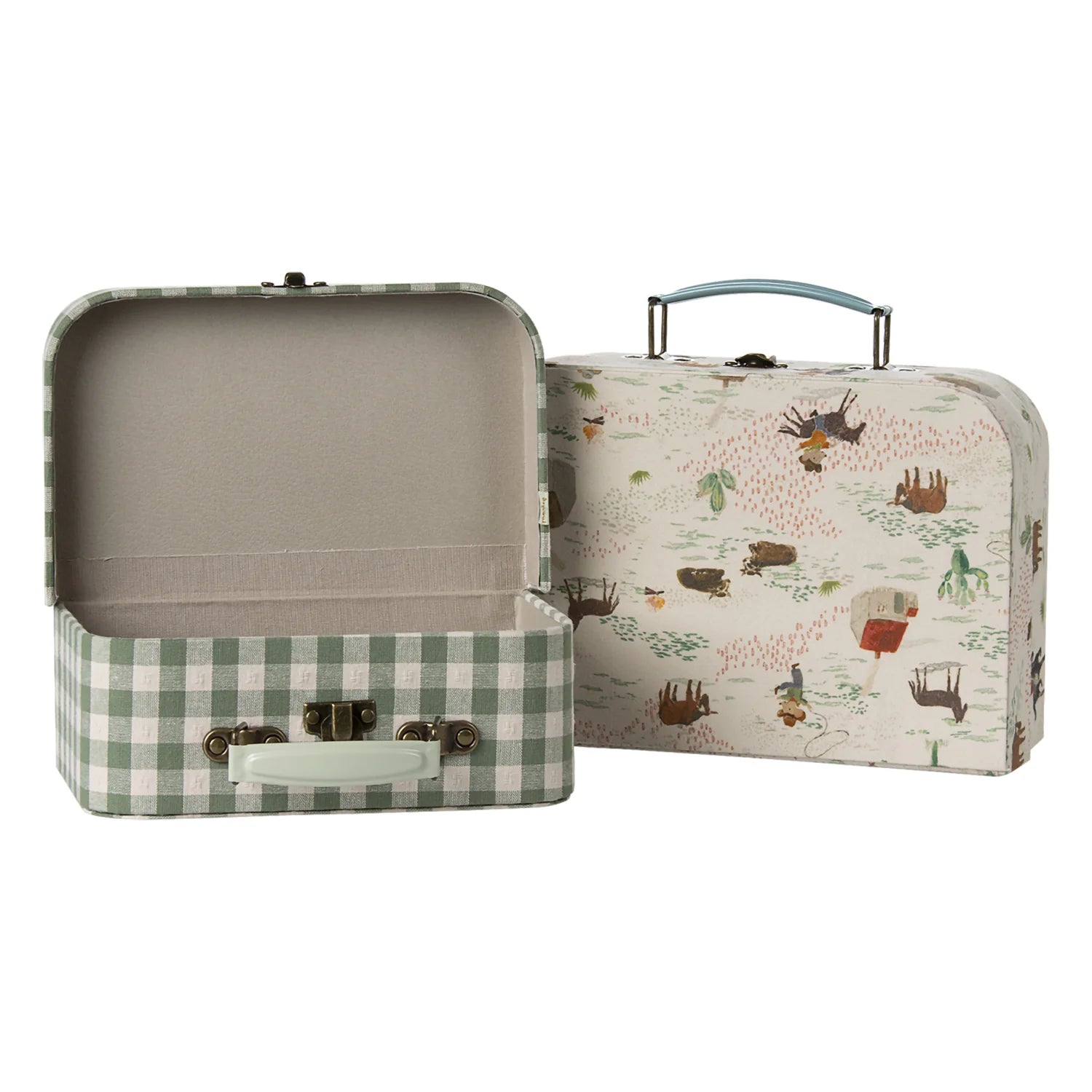 Maileg suitcases with metal handles.