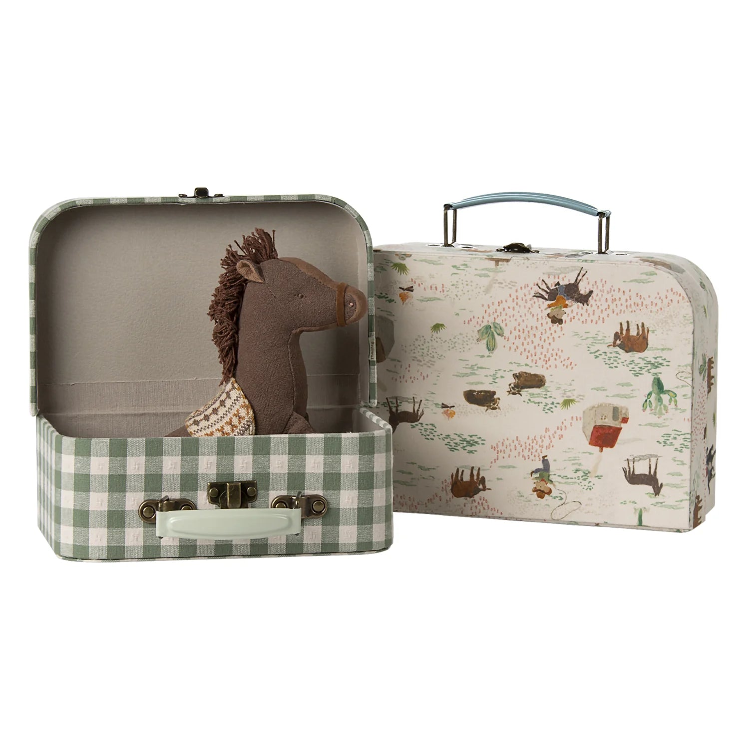 Maileg miniature suitcases for kids play and storage.