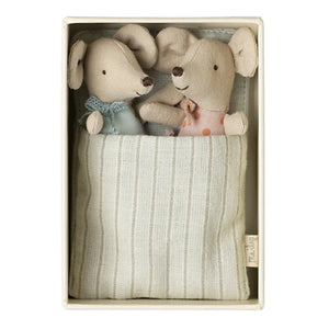 Close-up of Maileg Twin Baby Mice in their cozy bed.