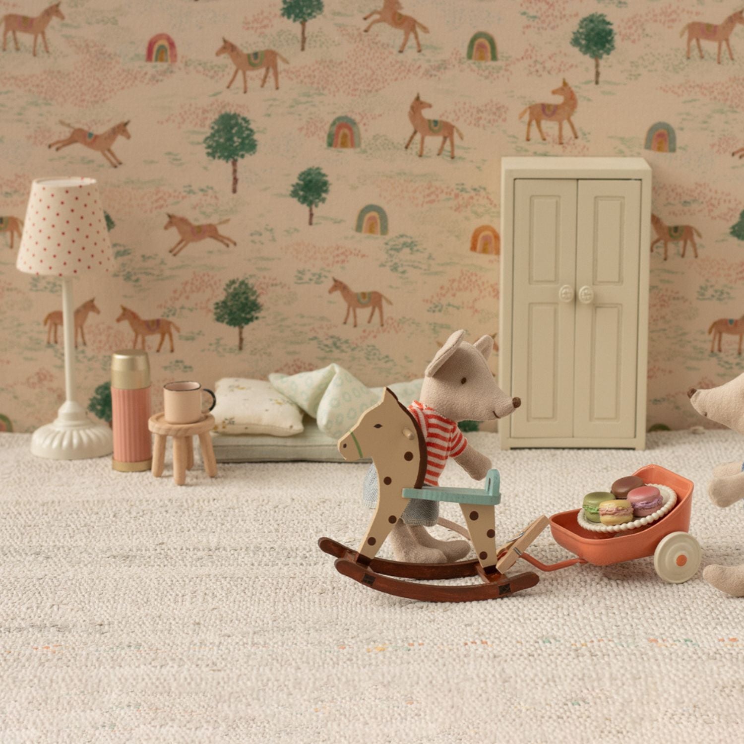 Maileg floor lamp displayed beside mouse furniture in dollhouse scene.