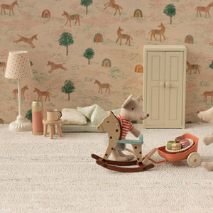 Maileg floor lamp displayed beside mouse furniture in dollhouse scene.