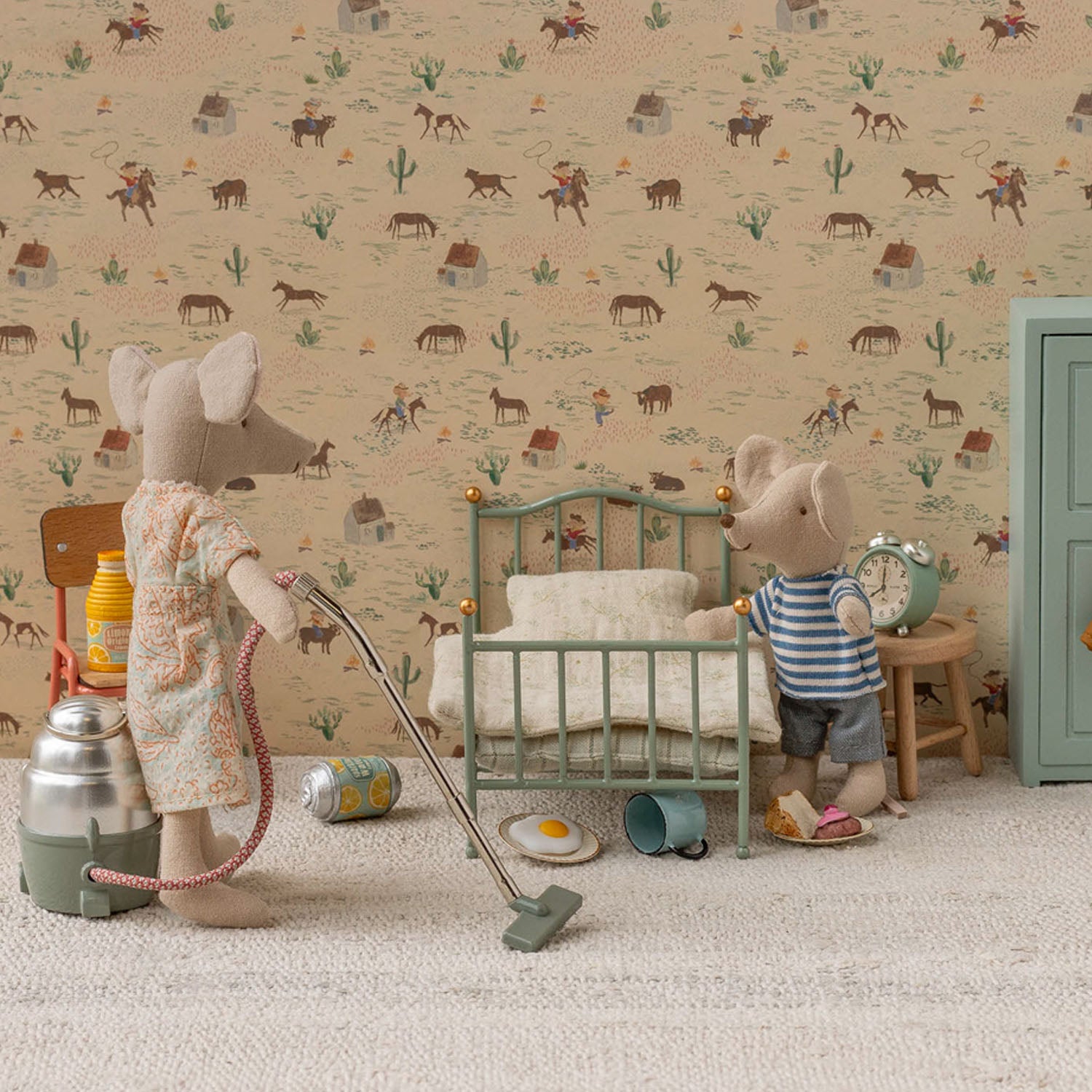 Mint metal bed frame designed specifically for small Maileg mice.