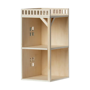 A wooden Maileg Mouse Hole Farmhouse Annex with two storeys, featuring two windows and a terrace.