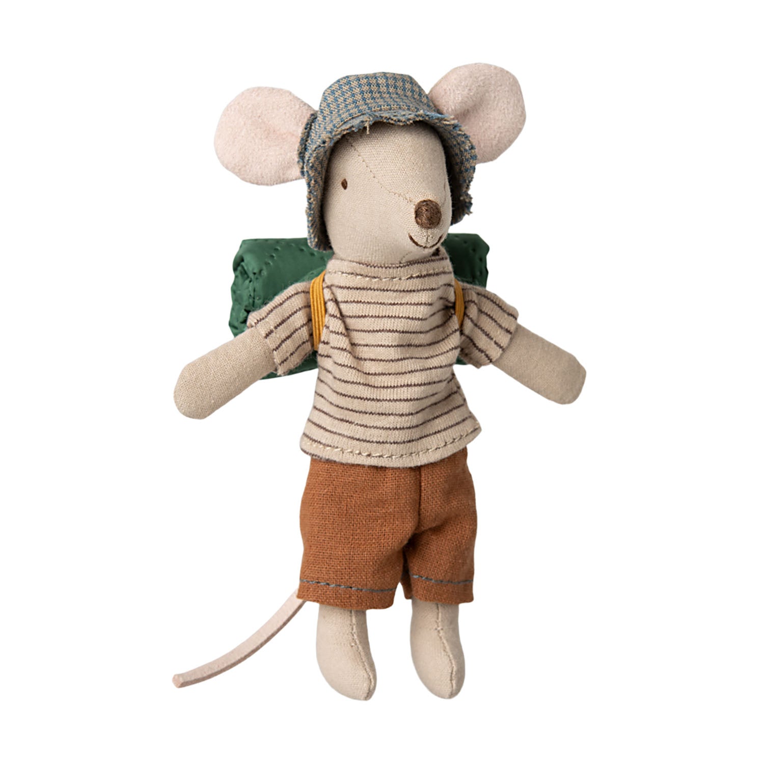 Maileg Hiker Mouse Big Brother wearing a striped shirt and durable shorts with a rolled-up sleeping bag on his back.