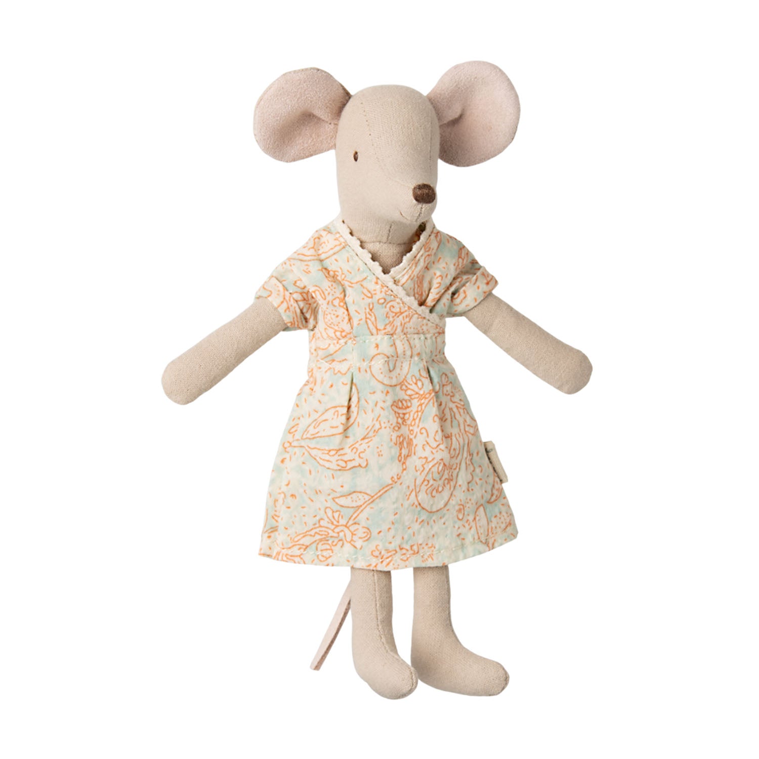 Maileg Mum Mouse wearing a light-coloured dress.