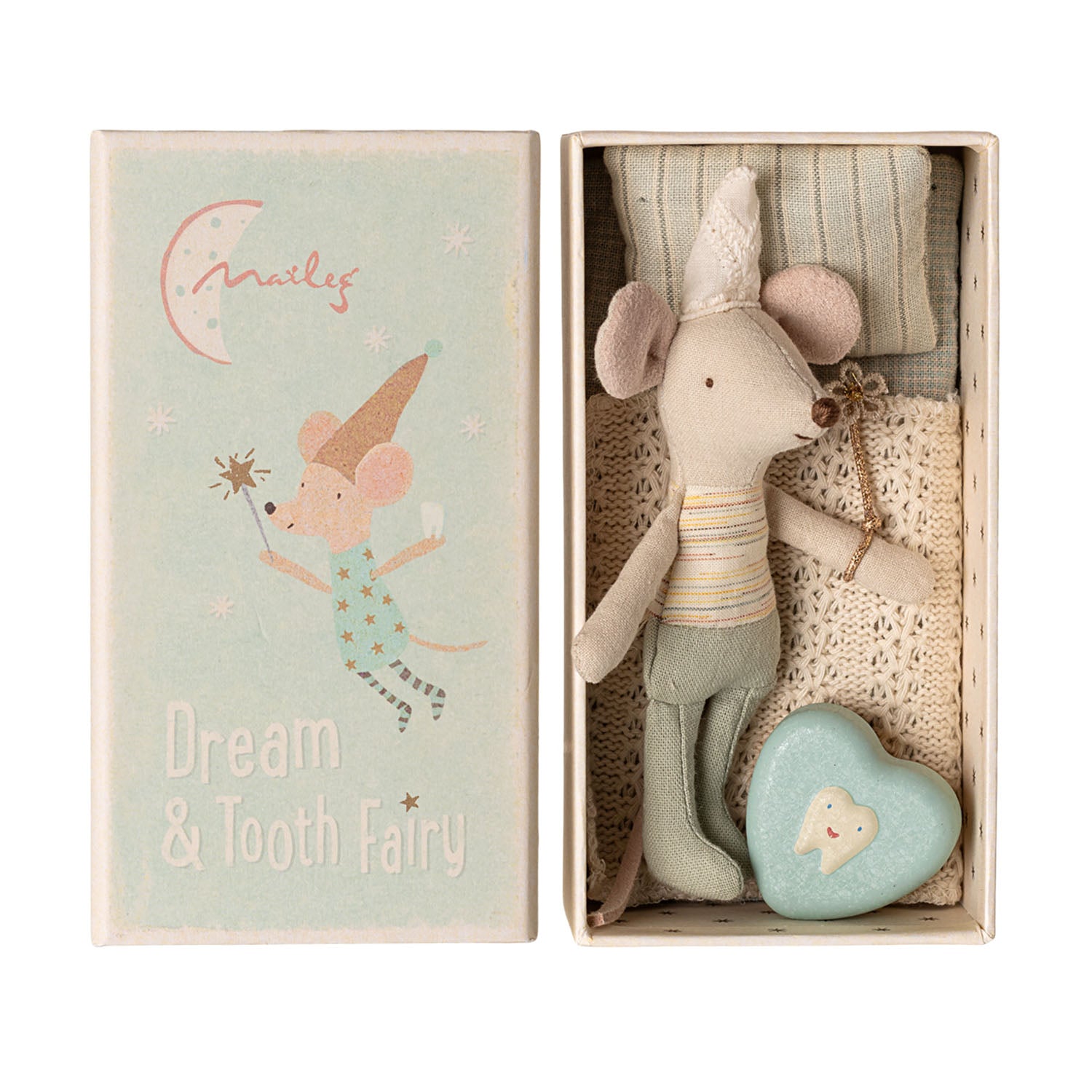 Maileg tooth fairy mouse little brother in a matchbox.