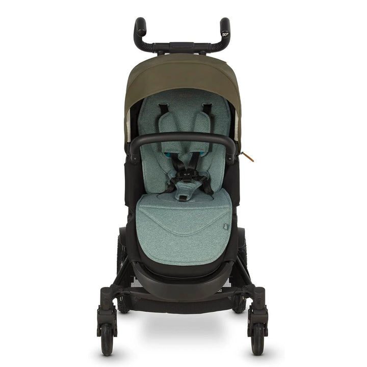 A close-up of a folded Micralite TwoFold stroller in evergreen green, highlighting its sleek lines and modern design.